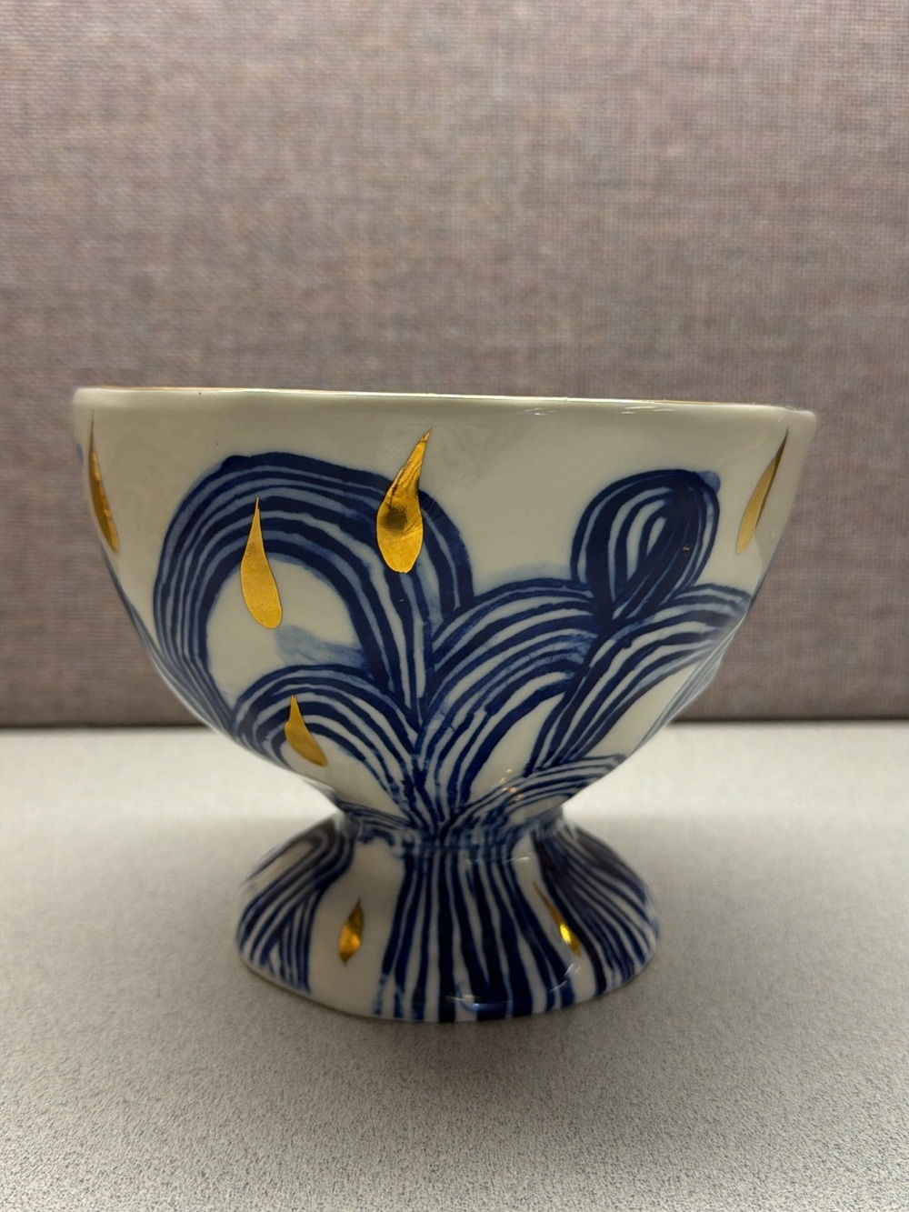 Blue and Gold Hand-Painted Ceramic Decorative Bowl